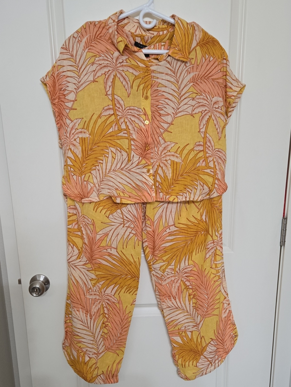 Tropical Print Linen Blend 2Pc Set Yellow & Coral